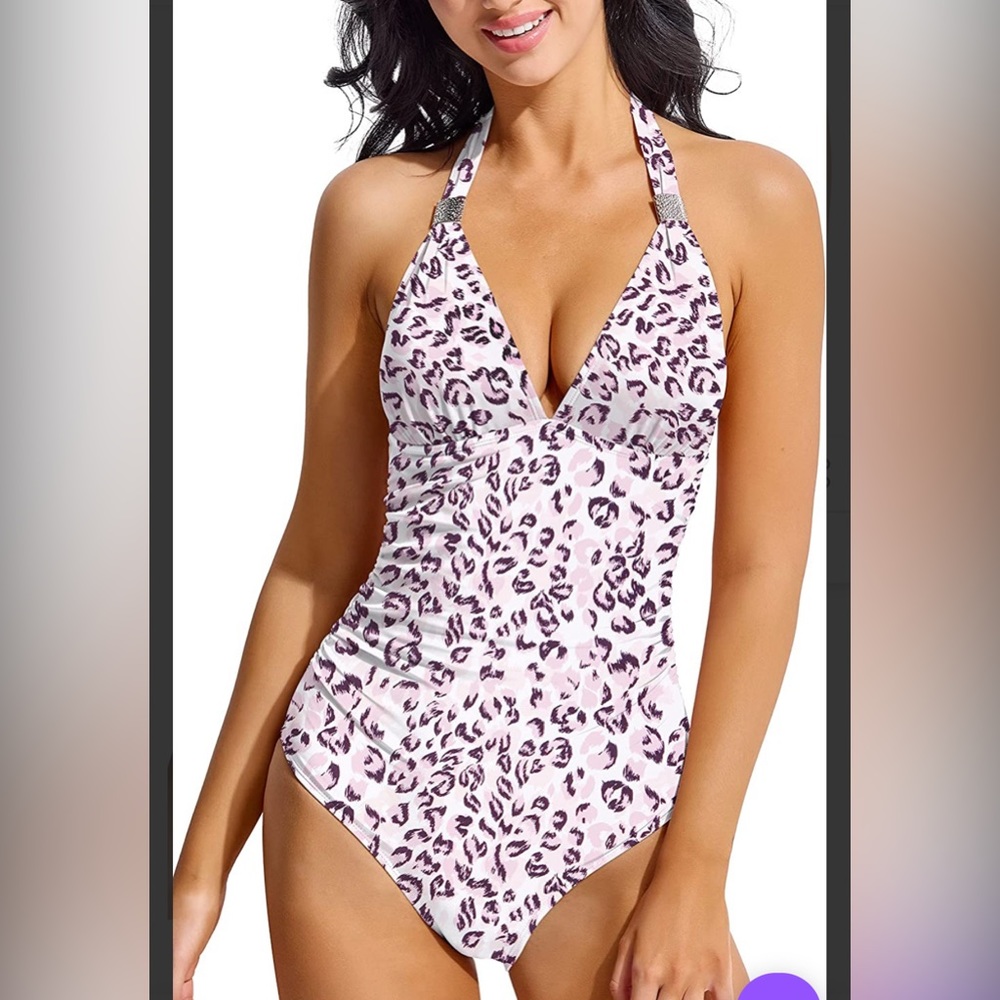 NWT Beautikini Pink Leopard Print Deep V Neck One Piece Swimsuit